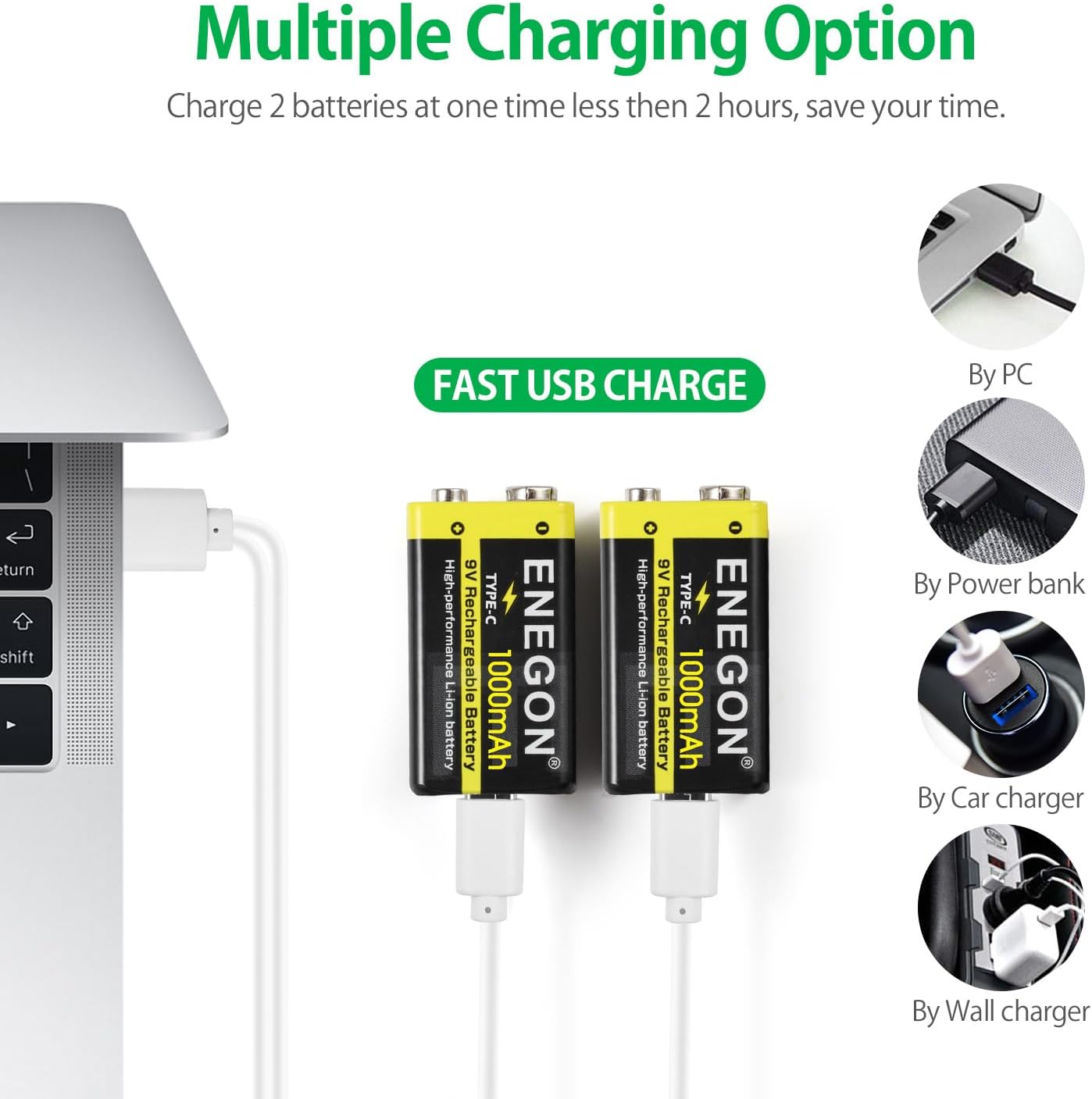 ENEGON 2 Pack 9V Rechargeable Li-ion Batteries, 1000mAh with 2-in-1 Type-C/USB Charging Cable ENEGON