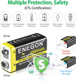 ENEGON 2 Pack 9V Rechargeable Li-ion Batteries, 1000mAh with 2-in-1 Type-C/USB Charging Cable ENEGON