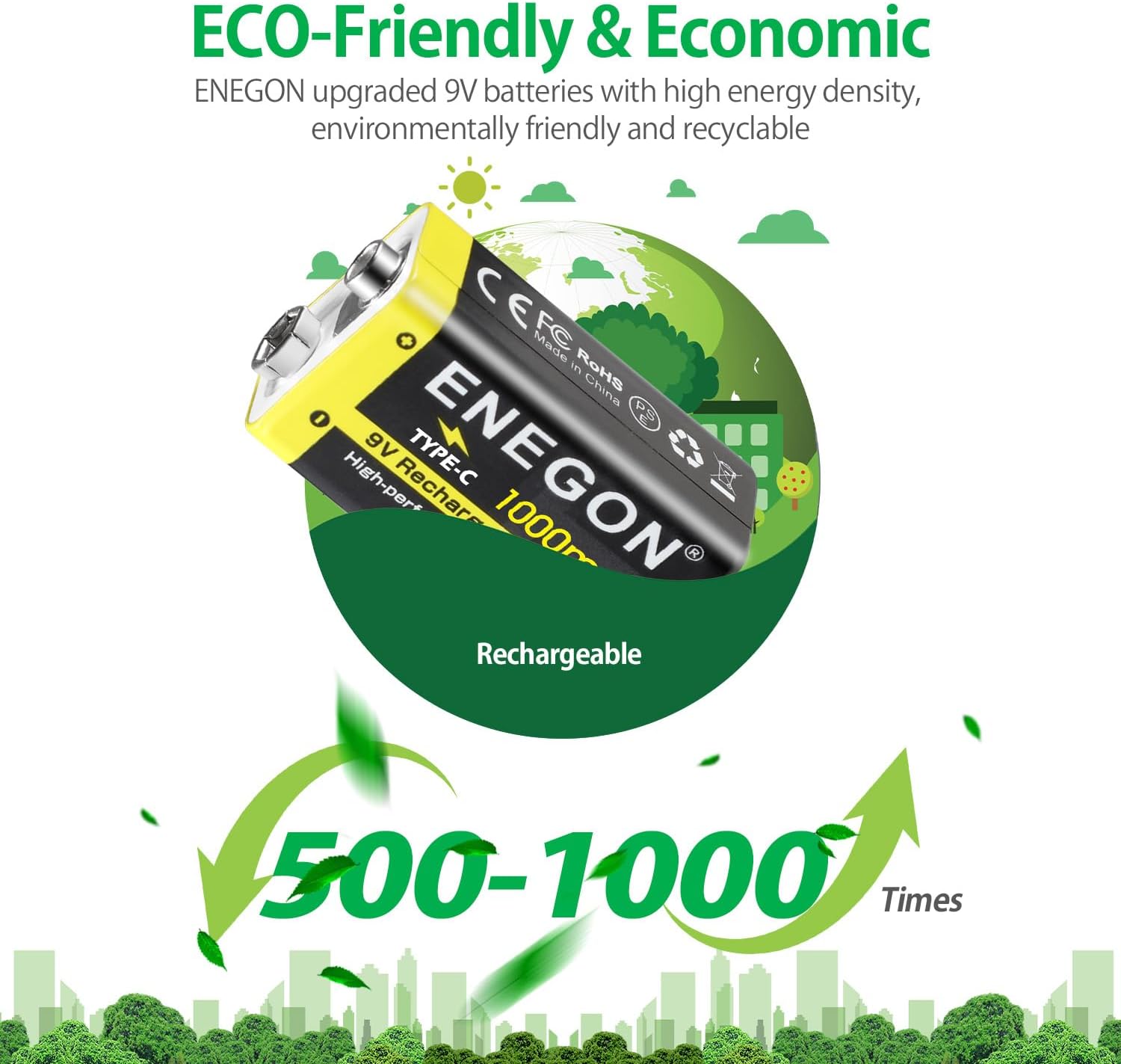 ENEGON 2 Pack 9V Rechargeable Li-ion Batteries, 1000mAh with 2-in-1 Type-C/USB Charging Cable ENEGON