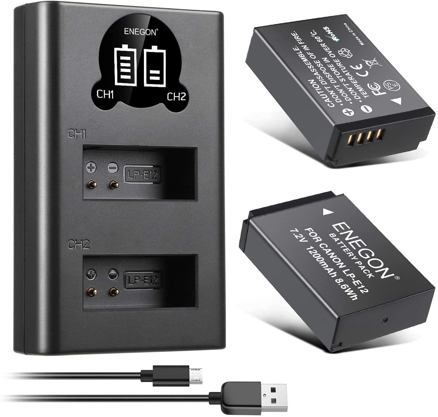 LP-E12 Battery and Smart LCD Charger for Canon -2-(Pack)  battery, canon, charger, EOS M, EOS M10, EOS M100 EOS, EOS M50, EOS M50 Mark II, m100, m200, M200 Rebel SL1, mark, pack, PowerShot SX