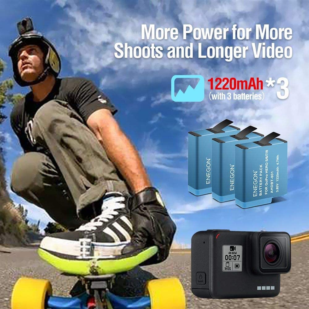 Gopro Hero serial  Replacement Batteries (3 Pack) 1220mAh with 3-Channel Charger  Gopro, Gopro Hero, Replacement Batteries- ENEGON