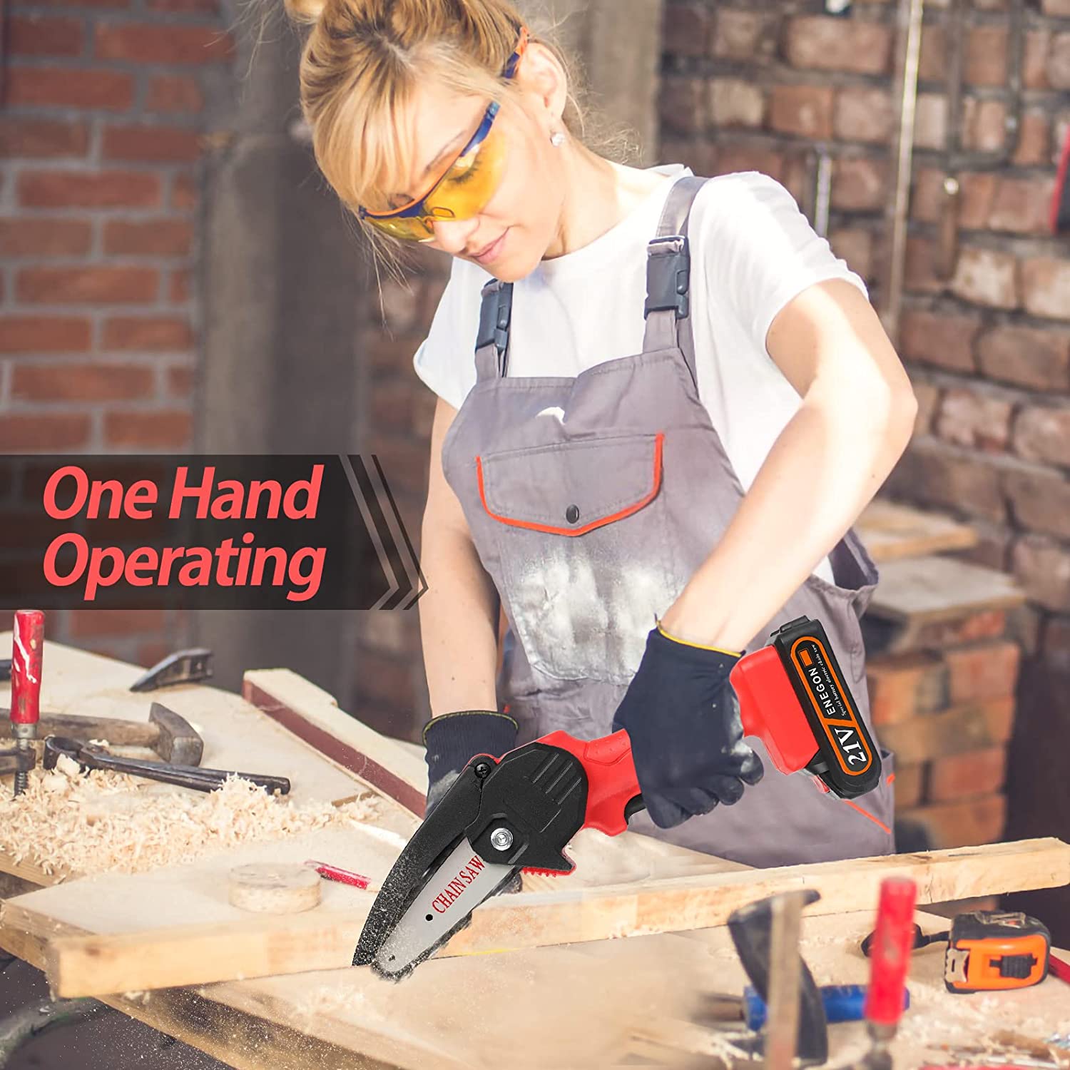 Mini Chainsaw, 4 inch Hand held Cordless Chain saw -Red FOONSEN