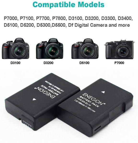 EN-EL14/EL 14a Replacement Battery 1500mAh  2 Pack  And LED Charger For Nikon D3100 D3200 D3300 D3400 D3500 D5100 D