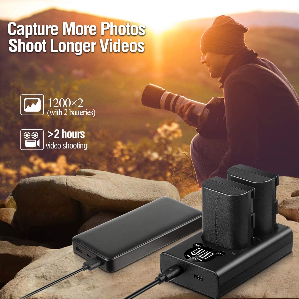 LP-E6 Rechargeable Battery Pack (2pack) and Dual USB LED Charger  - ENEGON