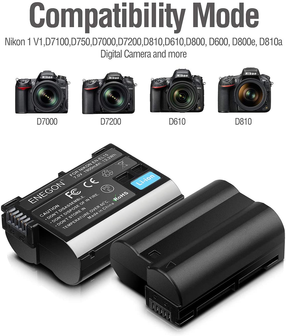 EN-EL15 /EL15a/EL15b/EL15c Replacement Battery (2 Pack) and Smart LED Dual Charger Kit ENEGON