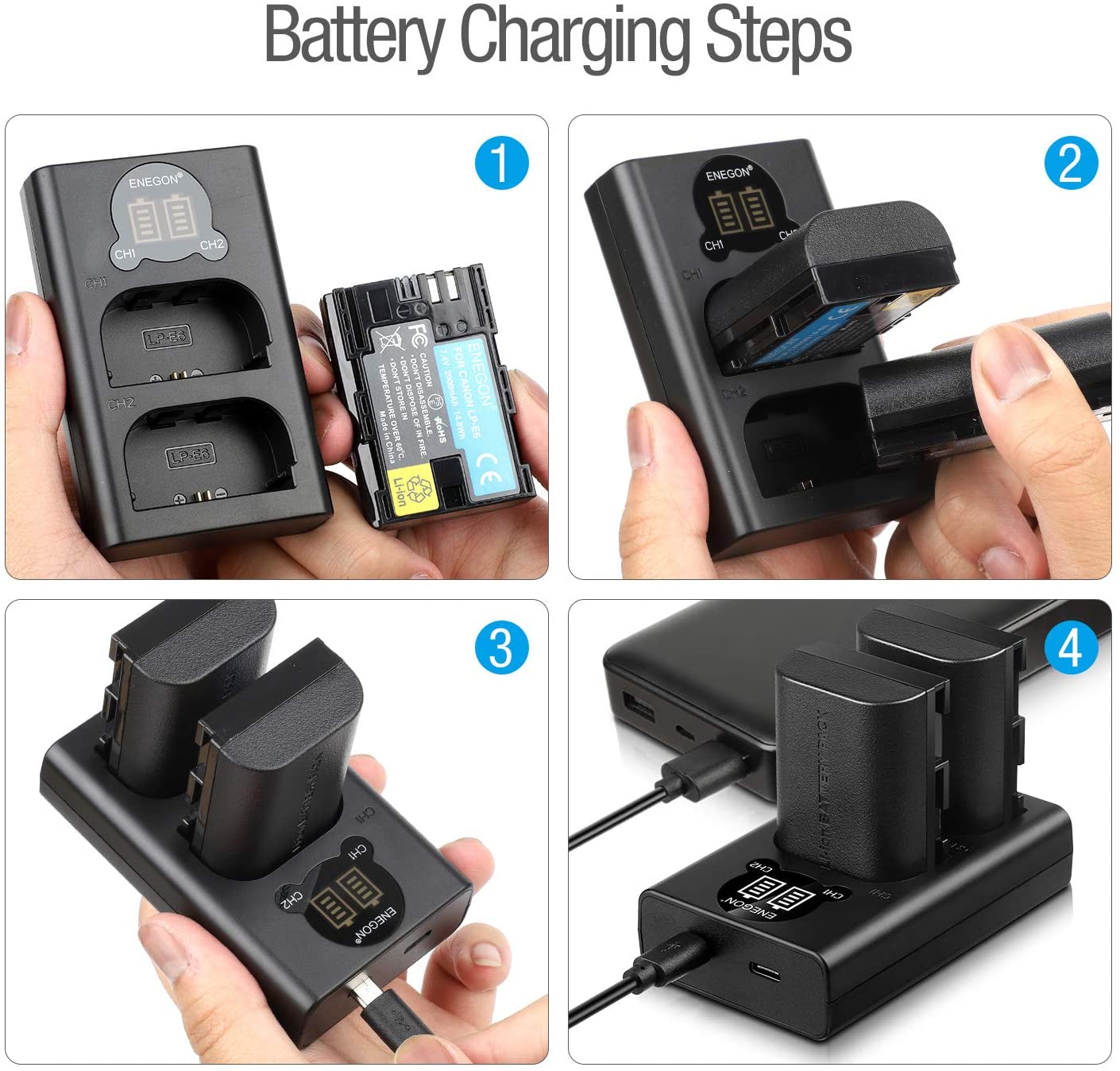 LP-E6 Rechargeable Battery Pack (2pack) and Dual USB LED Charger  - ENEGON