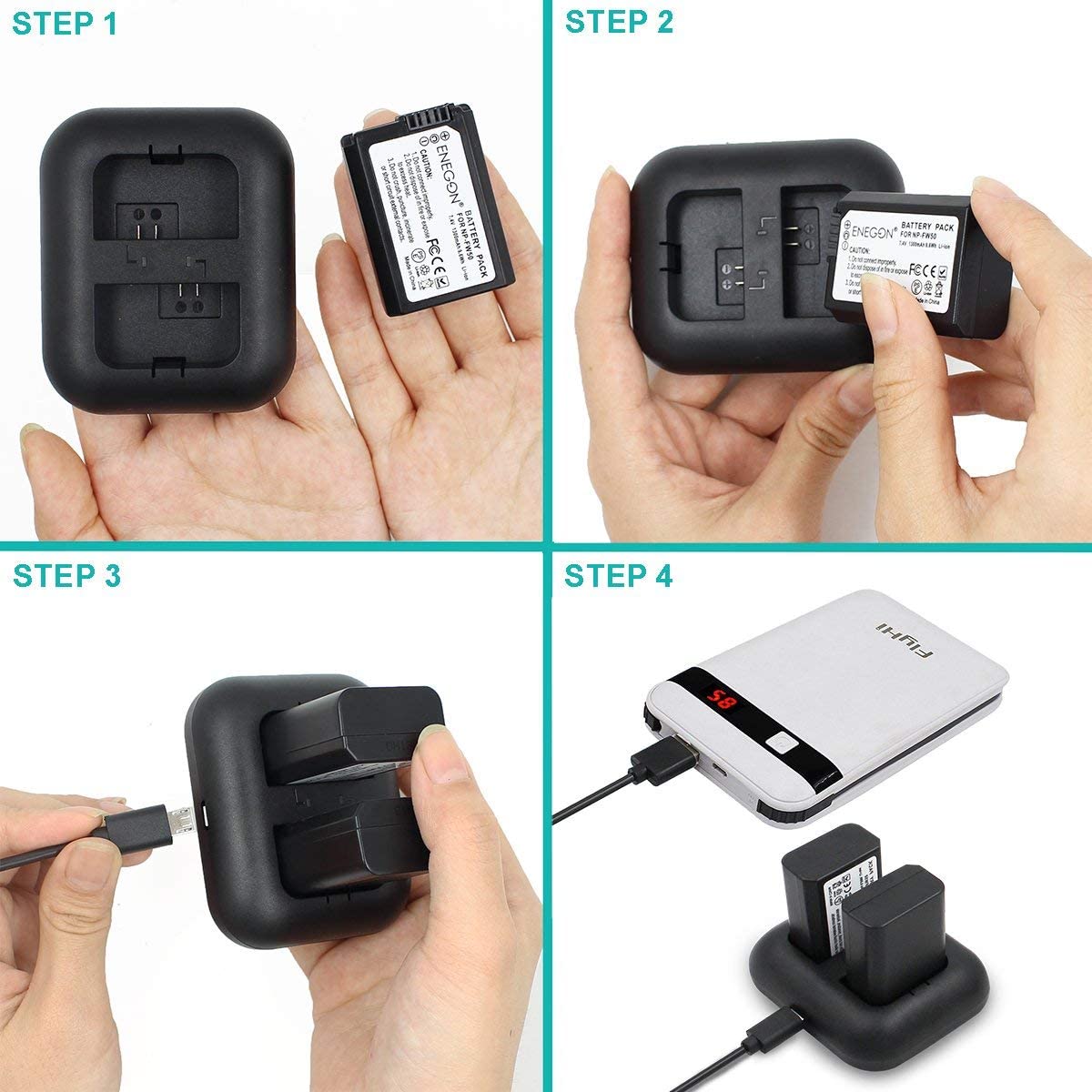 NP-FW50 2-Pack Camera Battery (1300mAh) and Rapid Dual Charger  - ENEGON