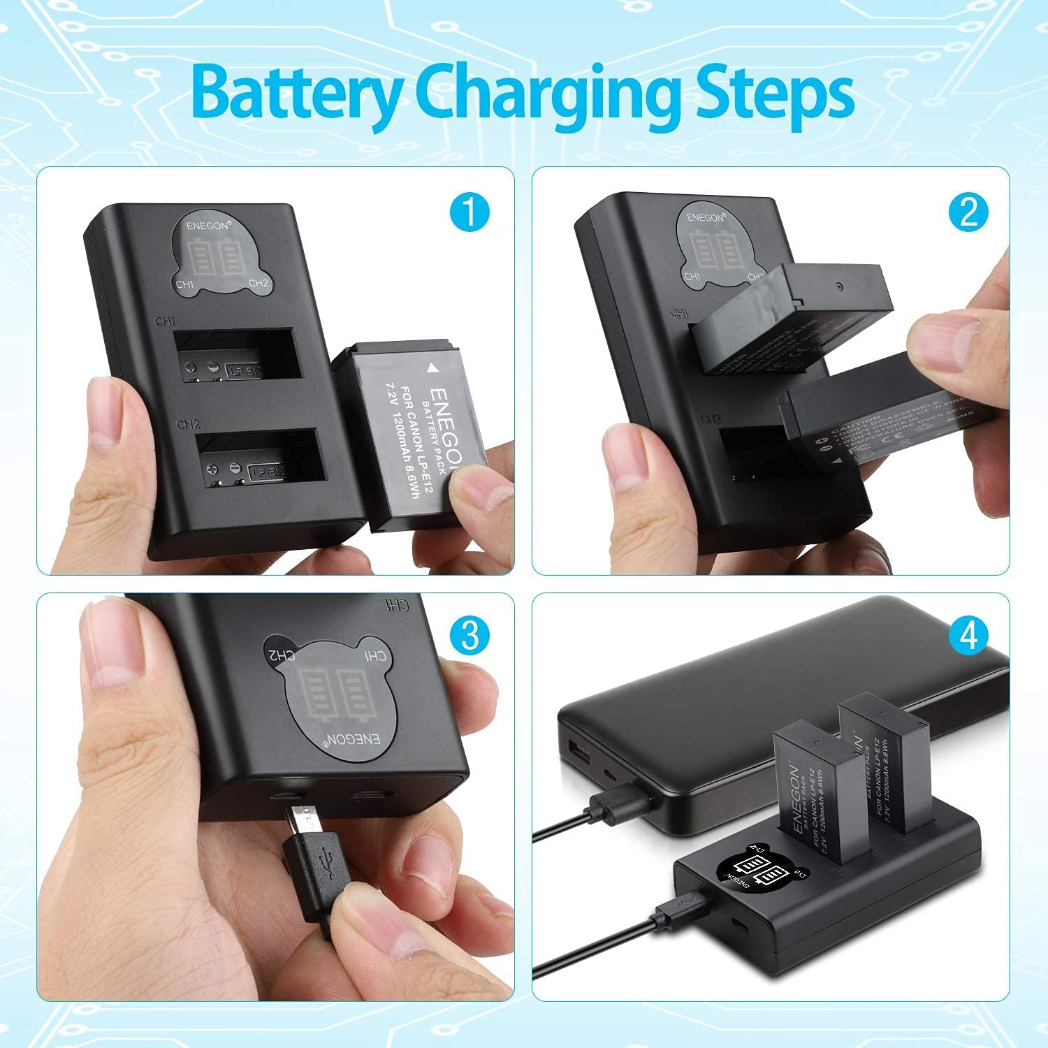 LP-E12 Battery and Smart LCD Charger for Canon -2-(Pack)  battery, canon, charger, EOS M, EOS M10, EOS M100 EOS, EOS M50, EOS M50 Mark II, m100, m200, M200 Rebel SL1, mark, pack, PowerShot SX