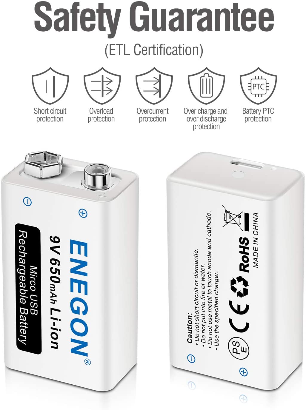 9V Direct USB Rechargeable Batteries 650mAh ENEGON