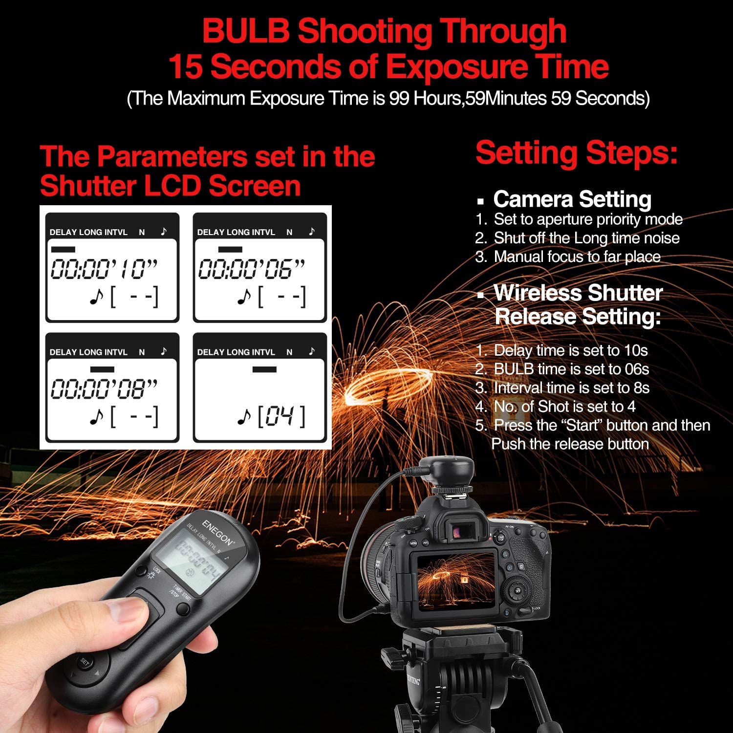 Wireless Remote Shutter Release Control Timer with Cord  New- ENEGON