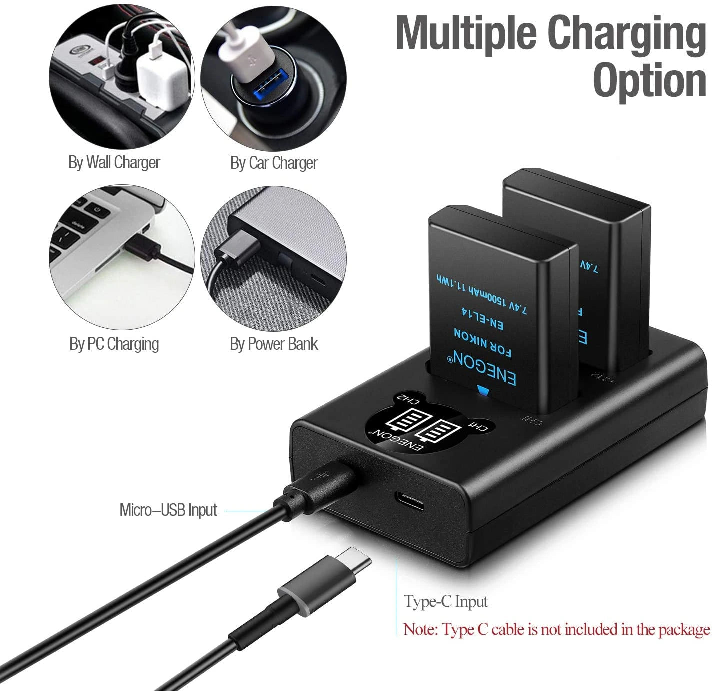 EN-EL14/EL14a Replacement Battery (2 Pack) and Smart LED Dual Charger Kit ENEGON