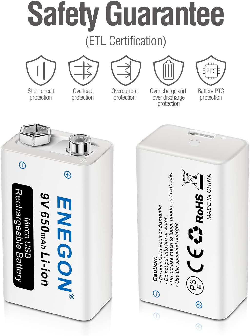 USB 9V Rechargeable Battery 650 mAh Capacity,Square Lithium 9 Vlot  Batteries with Type C Port Cable 4 Pack
